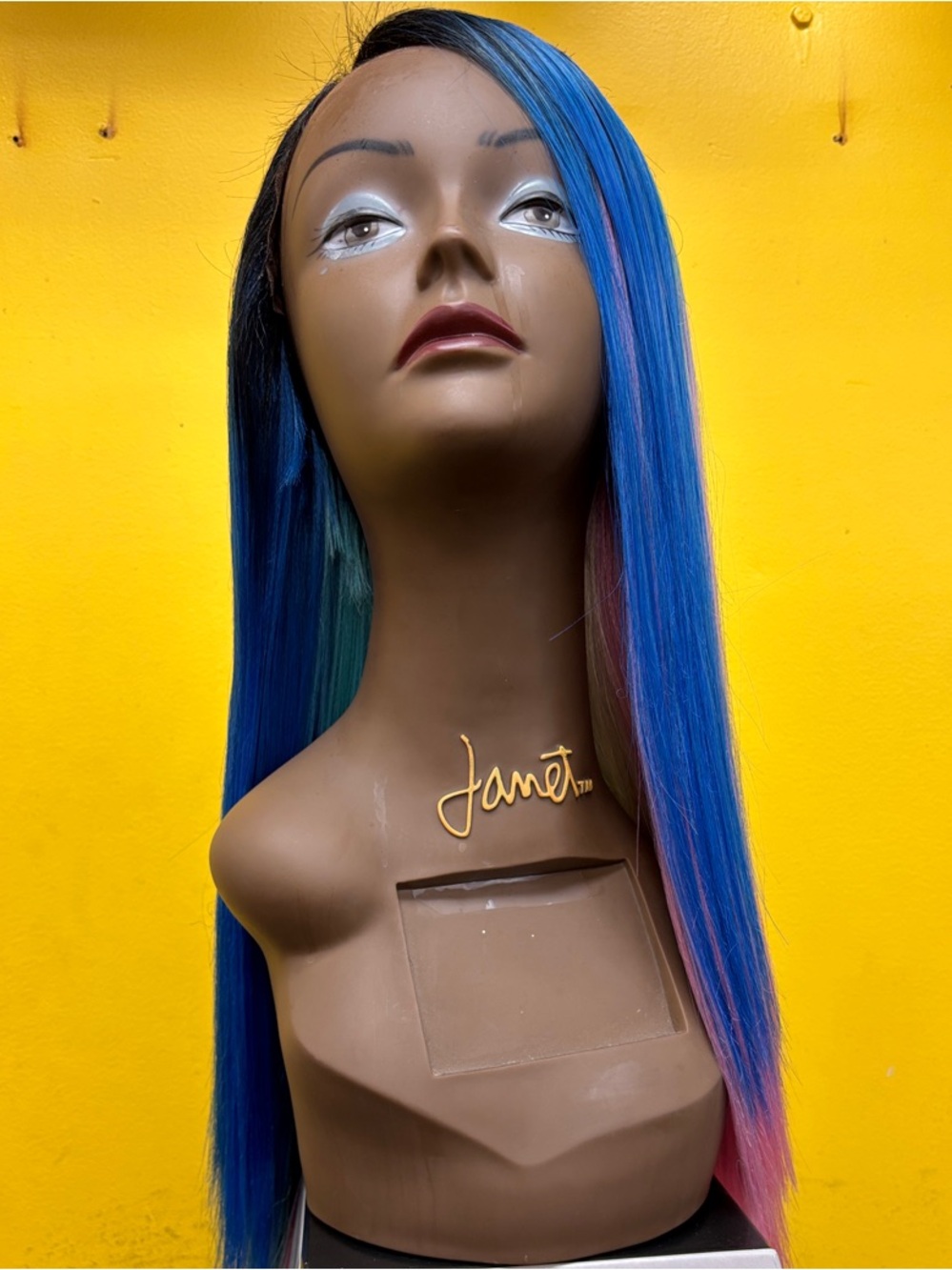 Blue Ombre Straight Wig with Pink Tips Pre-cut Synthetic Wig